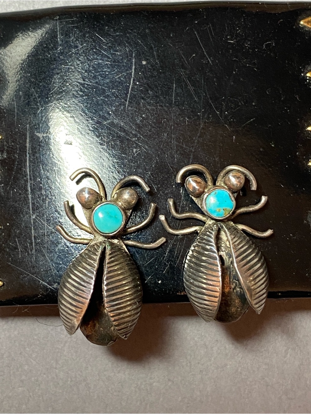 Vintage sterling silver bug beetle insect turquoise screwball earrings